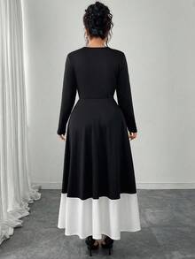 Modelyn Váy dài tay chữ A họa tiết hoa hồng vá đen trắng thanh lịch, cỡ lớn, phù hợp cho mùa xuân và mùa thu - Đen và trắng - Xem 2