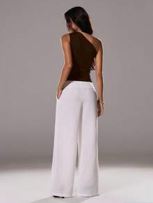 TRNVIE Women's Elegant Oblique Shoulder Decorative Button Asymmetrical Hem Black Blouse, Spring/Summer - Coffee Brown - View 2