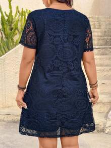 EMERY ROSE Women's Lace Hollow-Out Fabric Open Back Casual Vacation Mini Dress, Summer - Navy Blue - View 2