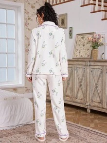 CottageSlumber 双面印花法兰绒蓬松睡衣套装，舒适优雅细节抓绒睡衣，秋冬服装 - 紫色 - 查看 2