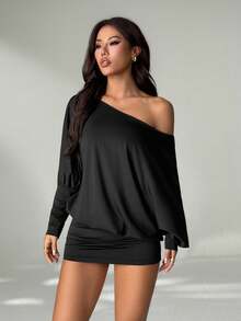 SHEIN PETITE Váy mini ôm sát tay dài hở vai gợi cảm, phong cách đường phố cho lễ hội âm nhạc, váy mùa hè cho nữ - màu đen - Xem 8