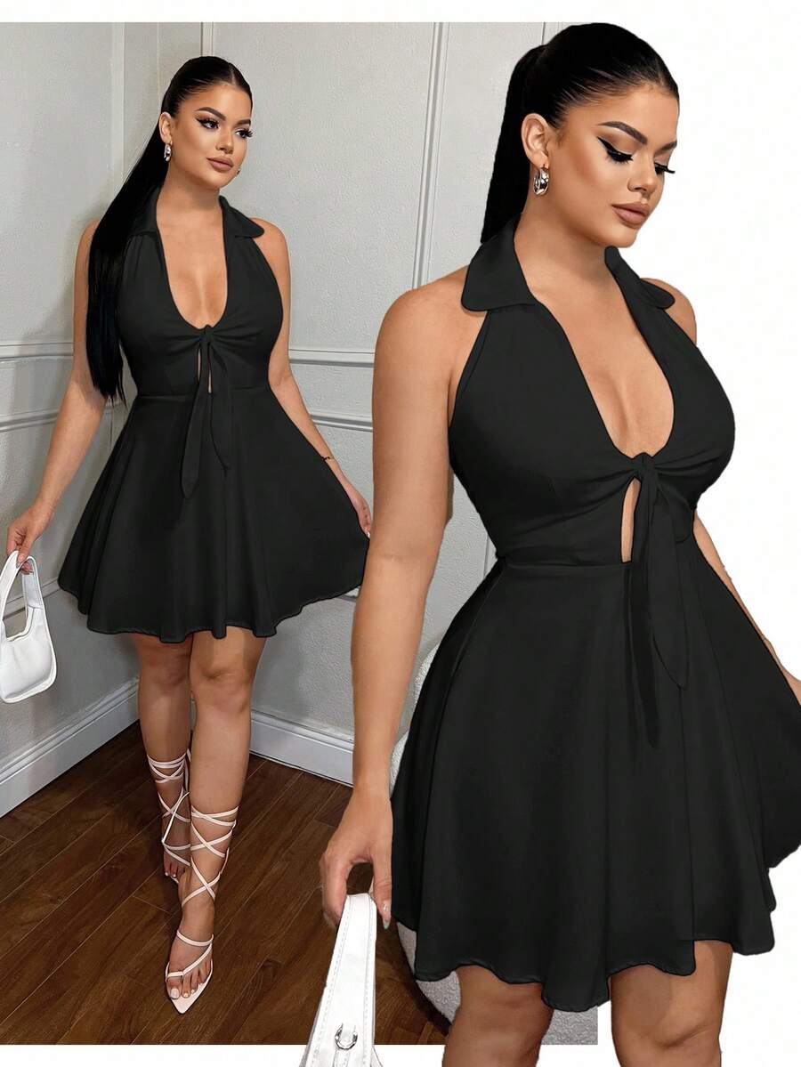 SHEIN SXY 前部打结挂脖 A 字迷你裙 - 黑色 - 查看 1