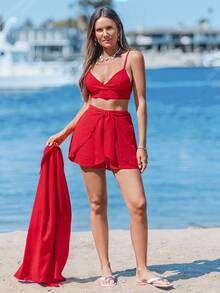 Sylviya 纯色吊带背心、短裤和落肩衬衫 - 紅色 - 查看 5