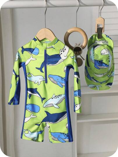 SHEIN 2pcs/Set Young Boys Vacation Cute Cartoon Graphic Colorblock Long Sleeve Rash Guard & Hat Set,Suitable For Beach, Swimming Pool, Spring/Summer