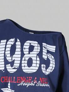 SHEIN Explorewe Streecool Teen Girls Navy Blue Sweatshirt,Autumn Streetwear Back-To-School Holiday,American Campus Style Oblique Shoulder Number Graphic Long Sleeve - Royal Blue - View 6