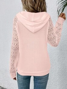 EMERY ROSE Hollow Out Hooded Long Sleeve Sweatshirt - Baby Pink - View 2