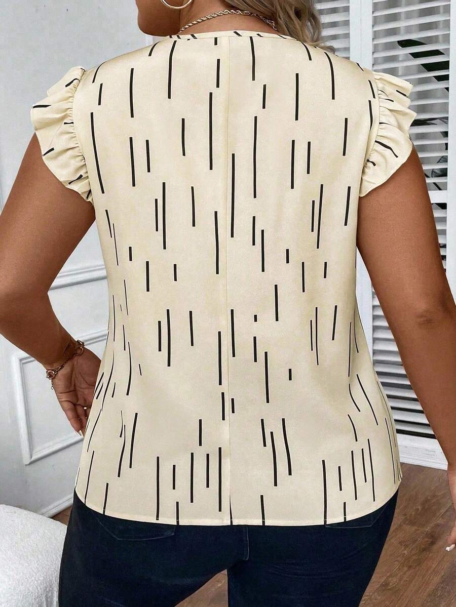 SHEIN LUNE Plus Size Women's Casual All-Over Print V-Neck Ruffle Armhole Loose Blouse, Summer - Apricot - View 1