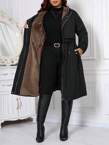 SHEIN CURVE+ Áo khoác nỉ dài tay có mũ trùm đầu, khóa kéo, eo rút, cỡ lớn dành cho nữ, ấm áp, mẫu mới 2025, thoải mái và chống gió - màu đen - Xem 10