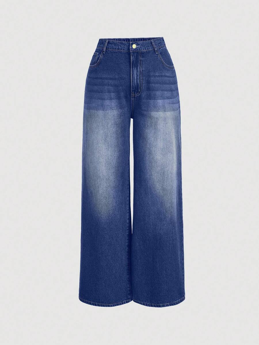 SHEIN MOD Plus Size Y2k Jeans Loose Fit Street Style Sexy Blue Denim Wide-Leg Pants,Wide Leg Pants,Back To School Clothes,Teacher Pants,Fall Clothes,Women Jeans,Grey Jeans,Straight Jeans,Baggy Jeans,Casual Women Outfits,Wide Leg Pants - Dark Wash - View 1