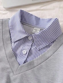 Tween Girls Casual Korean Style Loose 2 In 1 Blue And Gray Striped Shirt & Sweatshirt, Suitable For Back To School, Students, Commuting - Multicolor - View 5