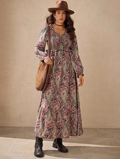 Wildy Bohemian Western Romantic Long Country Vacation Dress Paisley Maxi Dress Maxi Dress For Women Floral Maxi Dress Long Sleeve Maxi Dress Bohemian Maxi Dress