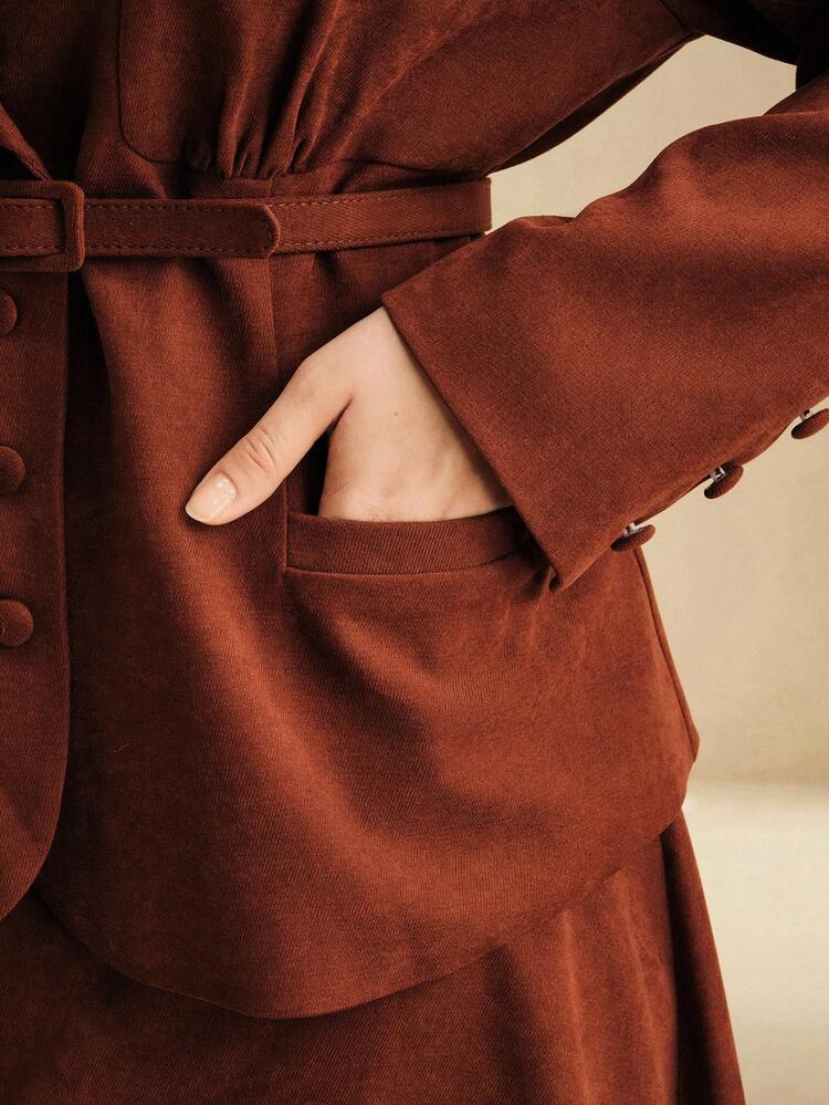 Anewsta Vintage V-Neck, Waist Cinching Puff Sleeve Two Pieces Set With A-Line Skirt, Autumn