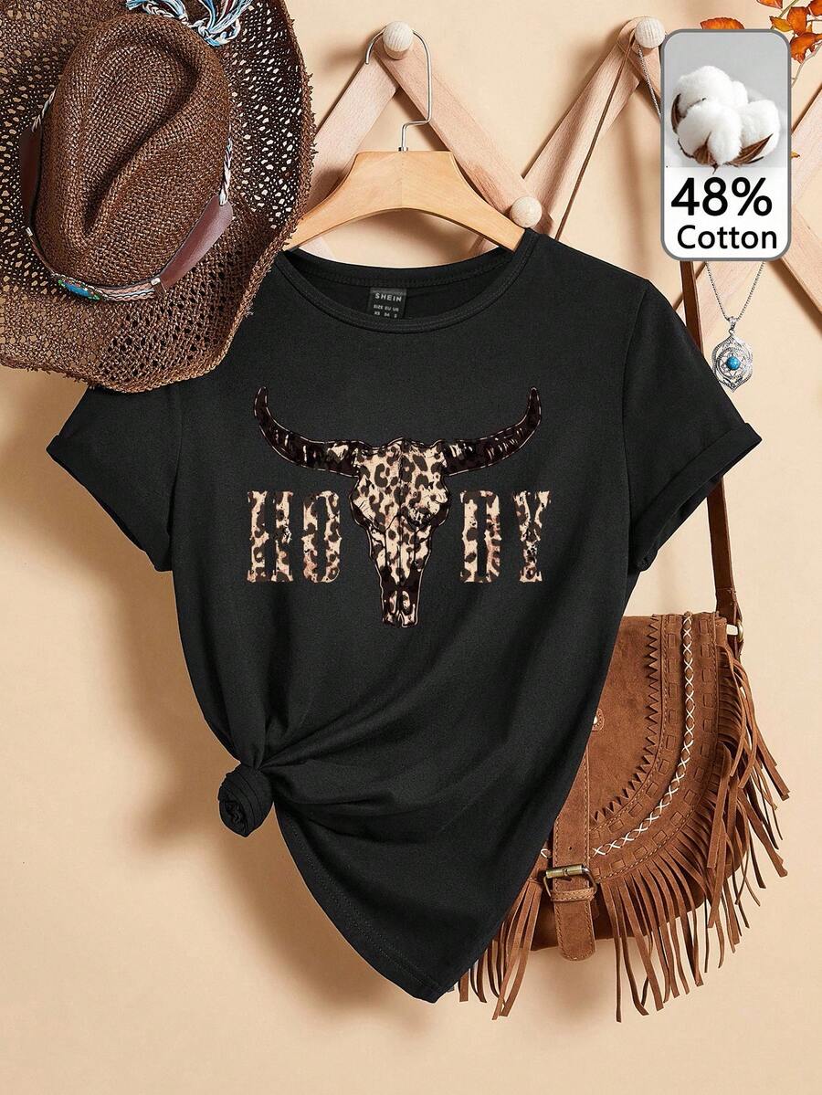 SHEIN Essnce 休闲复古豹纹西部牛仔图案女式T恤