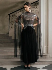 Anewsta 女式高端派对/节日串珠拼接高领时尚连衣裙 - 黑色 - 查看 5