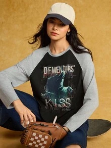 HARRY POTTER X SHEIN Women's Letter Graphic Color Block Round Neck Long Sleeve T-Shirt,Back To School