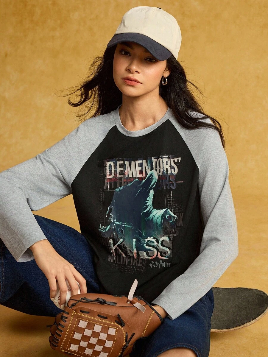 HARRY POTTER X SHEIN Women's Letter Graphic Color Block Round Neck Long Sleeve T-Shirt,Back To School