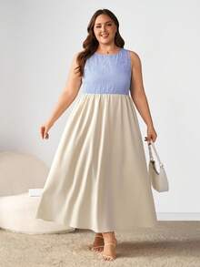 Enliva Plus Size Women's Blue And White Striped Midi Dress With Diamond Detail/Autumn /Winter