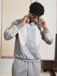 SWAVVY 男士印花长袖套头卫衣和口袋运动裤套装，秋季服装，冬季 - 灰色 - 查看 6