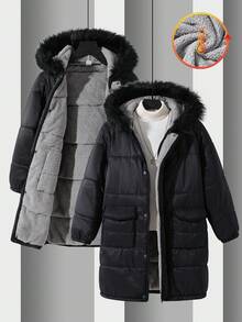 SHEIN 1pc Tween Boy Black Winter Casual School Back-To-School Mid-Length Padded Coat,Fur Strip Decoration Contrast Color Thick Lining Retro Sports Jacket - Black - View 1