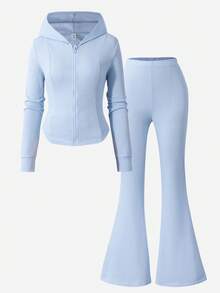Sparklyn 少女休闲连帽拉链开衫和喇叭裤套装，浅蓝色 - 淺藍色 - 查看 3