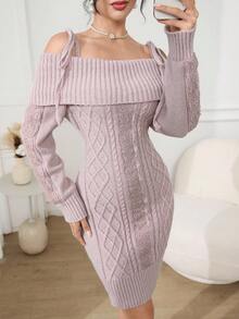 Modelyn Abito maglione elegante aderente a trecce con spalle scoperte, abbigliamento autunnale e invernale per donna - Rosa - Visualizzare 1