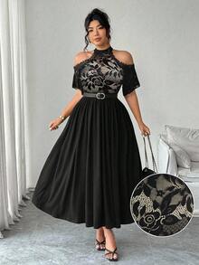 Elenzga 加大码 V 领蕾丝拼接弹力针织面料露肩短袖荷叶边饰腰部喇叭下摆休闲度假派对中长连衣裙 - 彩色 - 查看 6