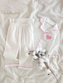 女婴舒适纯棉长袖开衫上衣，带心形刺绣口袋和裤子家居服套装，可爱时尚，春秋季女婴睡衣，9个月-3岁，白色粉色睡衣，秋冬季