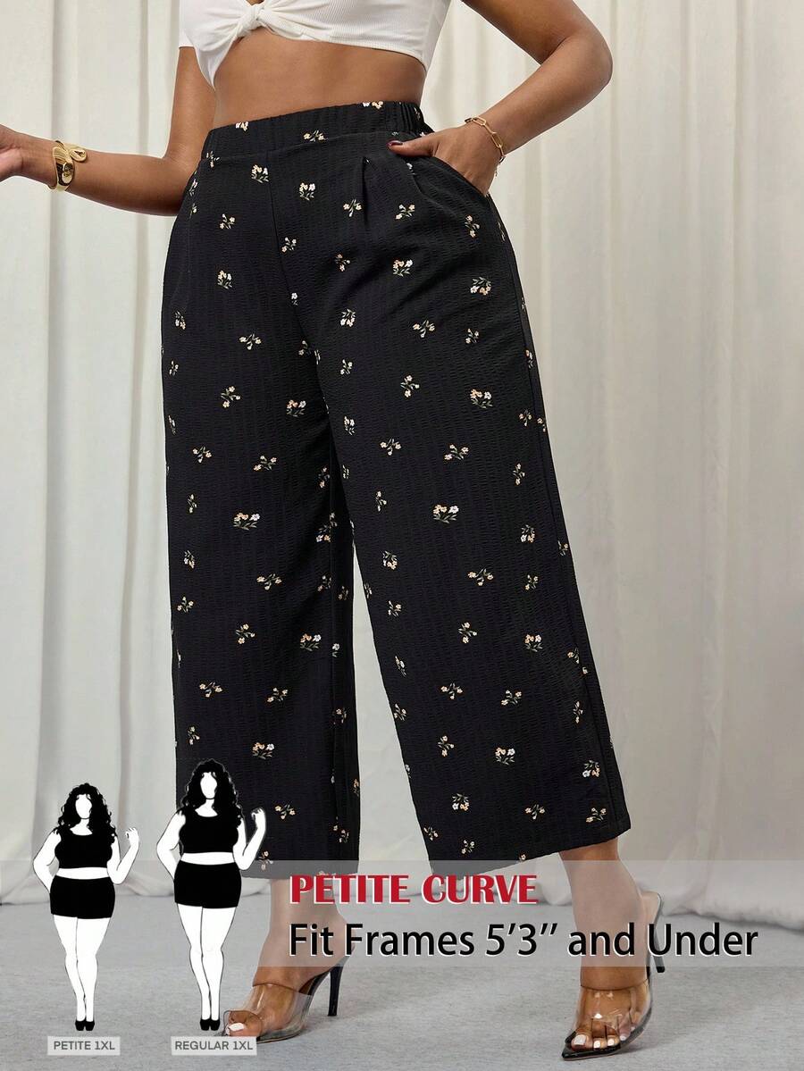 SHEIN PETITE CURVE Damen Große Größen Frühling und Sommer Mode Lässig Locker Bequem Kühle Tägliche Vielseitige Schwarze Kleine Blumen Textur Stoff Elastischer Bund Weite Bein Hose, Damen Unterteil, Weite Hose, Süßer Sommer, Europäischer Sommer, Urlaub, Flughafen für Frauen