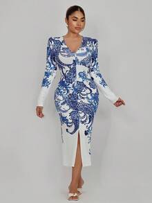 Xyvia Women's Elegant Floral Print Bodycon Dress With Side Slit Hem Fall Cloth For Women - Multicolor - View 5
