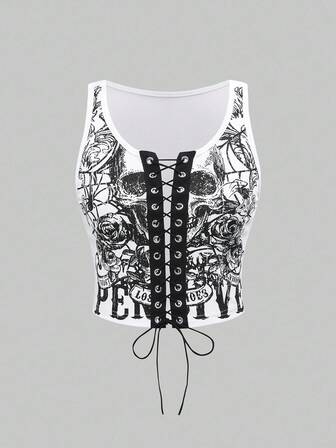 Goth Débardeur casual polyvalent pour femmes avec imprimé crâne punk et œillets lacés, convient pour les concerts/festivals, Halloween