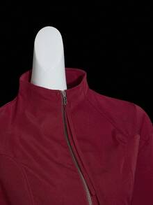 SHEIN ICON 秋冬街头休闲纯色拉链长袖短款女士夹克 - 紅色 - 查看 9