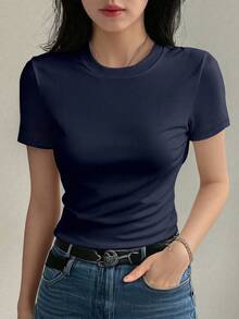 DAZY Kaos Dalam Wanita Lengan Pendek Kerah Bulat Pas Badan Warna Polos, Pakaian Kembali ke Sekolah Atasan Gaya Preppy - Navy Blue - View 4
