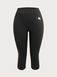 SHEIN EZwear 2条装女士黑灰马刺绣图案七分紧身休闲打底裤，适合夏季、搭配、骑行、运动、瑜伽、街头服饰。 - 彩色 - 查看 4