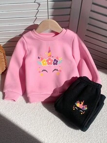 Bộ 2 quần dài thể thao và áo nỉ cổ tròn in họa tiết ngựa hồng cho bé gái, thoải mái, dễ thương, lót lông, mặc mùa thu/đông - Hồng - Xem 3
