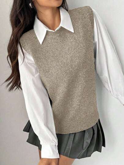 Chiquease Women's Solid Color Round Neck Casual Versatile Knitted Vest, Autumn