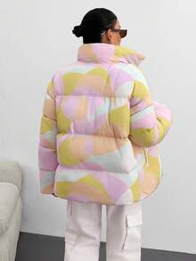 Giacca invernale casual, ampia, con chiusura lampo anteriore e stampa geometrica, manica lunga, da donna