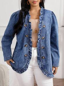 EMERY ROSE 秋季大码休闲牛仔夹克，带荷叶边和纽扣装饰