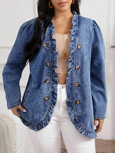EMERY ROSE Plus Size Fall Winter Casual Denim Jacket With Ruffle Trim,Button Decor,Mid-Length Loose Washed Romatic Coat,Dusky Blue,Summer,Smart Casual,Everyday