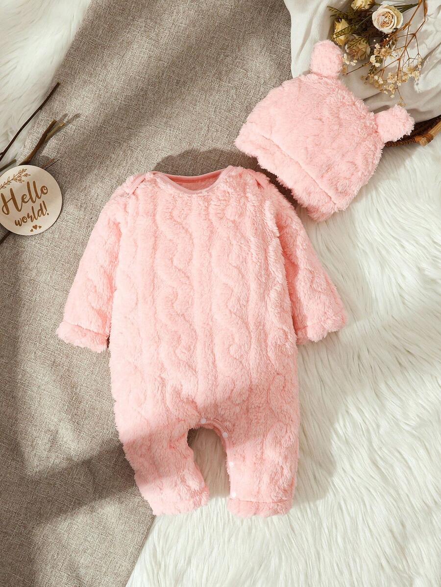 SHEIN Vintaside Kids 新生儿男女通用休闲日常可爱几何图案抓绒连体衣，带帽子，适合外出，秋冬季 - 藕粉色 - 查看 1
