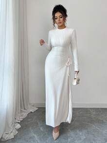 Selianne 25-30+ Days Casual Autumn/Winter Ribbed Knit Drawstring Dress For Women - Apricot - View 6