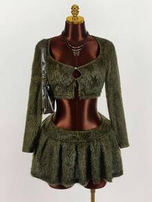 Amplova Plus Size Minimalist Solid Color Fluffy Cardigan And Mini Skirt Set - Army Green - View 1