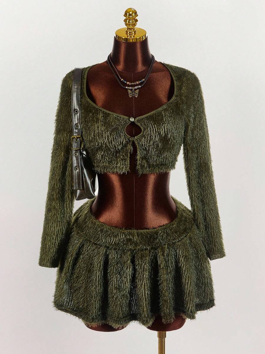Amplova Plus Size Minimalist Solid Color Fluffy Cardigan And Mini Skirt Set - Army Green - View 1