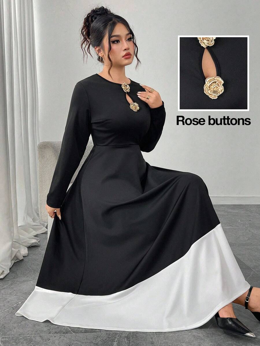 Modelyn Váy dài tay chữ A họa tiết hoa hồng vá đen trắng thanh lịch, cỡ lớn, phù hợp cho mùa xuân và mùa thu - Đen và trắng - Xem 1