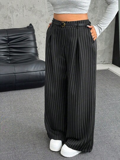 SHEIN EZwear Plus Size Solid Color Button Closure Casual Wide Leg Pants With Belt In Fall/Winter