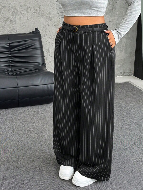 SHEIN EZwear Plus Size Solid Color Button Closure Casual Wide Leg Pants With Belt In Fall/Winter