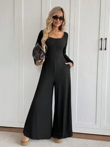 Easowa 2 件套：方领贴袋修身阔腿连体裤休闲宽松优雅办公室女士裤套装 - 黑色 - 查看 6