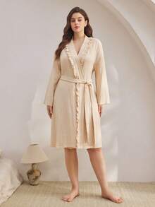 Ocili Jubah Mandi Katun Ukuran Besar dengan Rumbai di Pinggang, Musim Gugur - Khaki - View 3