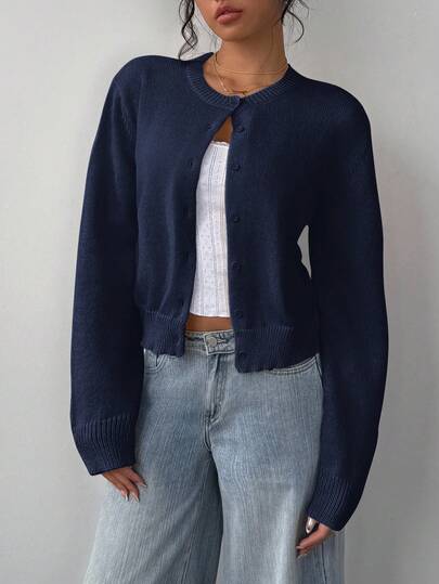 SHEIN BASICS Casual Solid Color Round Neck Long Sleeve Loose Cropped Women Sweater Cardigan Women Autumn Coat Office School Business Navy Blue
