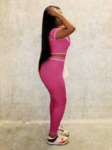 Slaydiva 2025 春夏新款休闲街头百搭运动基础修身绿色圆领短袖短款T恤和撞色腰裤女两件套，适合音乐节、复活节、西部游牧风格、乡村风格、婚礼嘉宾、日常旅行、毕业季、派对聚会、俱乐部、运动健身、瑜伽 - B - 玫紅色 - 查看 7