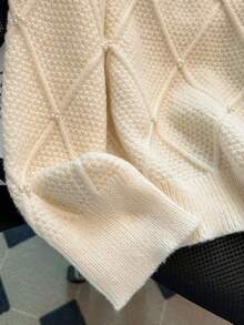 GlowEve CURVE Plus Size Solid Color Embellished Pearl Sweater, Casual For Autumn/Winter - Beige - View 4